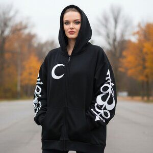 Witchcraft ✦ Black Hoodie w/ Moon & Occult Symbols ✦ Zip Front Cotton Blend Sz L